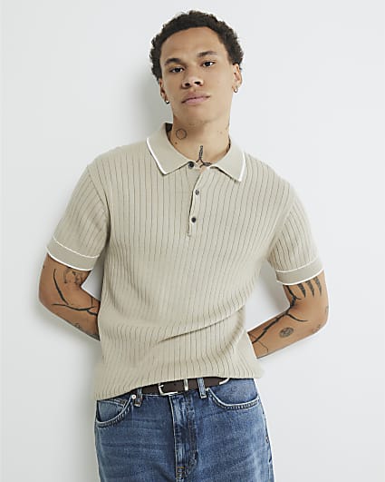 Beige Slim Fit Ribbed Polo Shirt