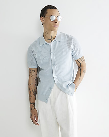 Blue Slim Fit Short Sleeve Floral Shirt