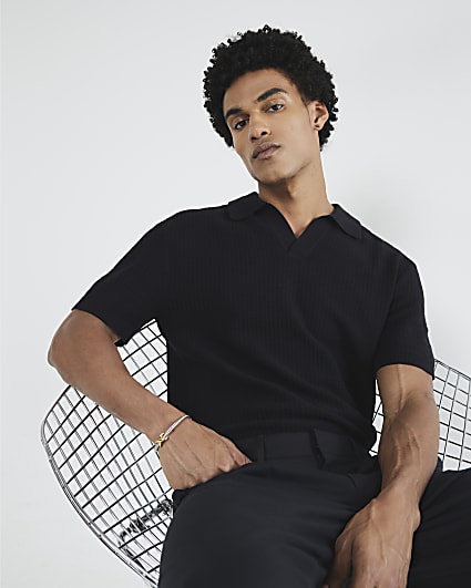 Black Short Sleeve Open Collar Polo Shirt