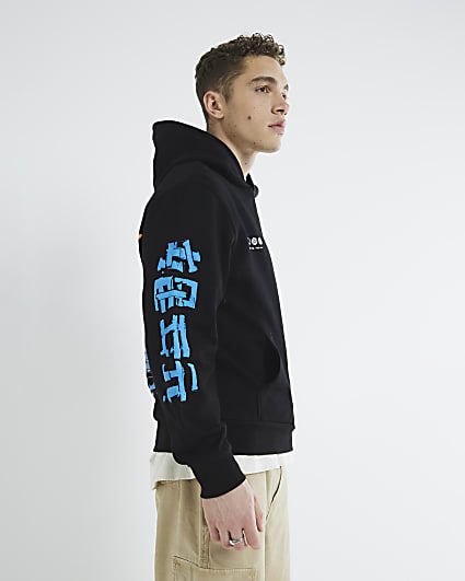 Black Regular Fit Japanese Graffiti Hoodie