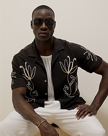 Brown Floral Rope Embroidered Shirt