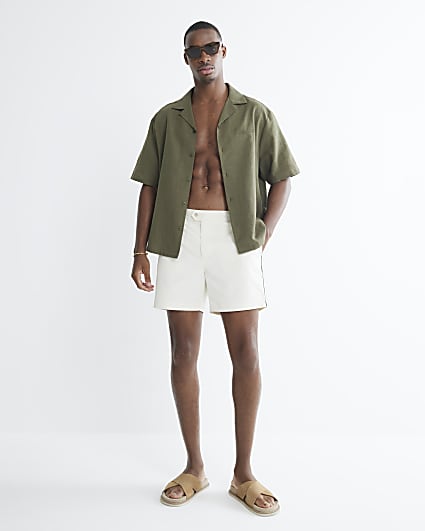 Ecru Fixed Waist Taped Swim Shorts