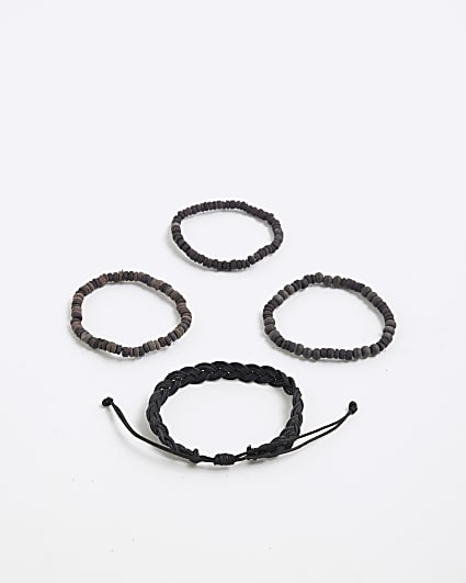 Black Pack of 4 Beaded Wood  Bracelets