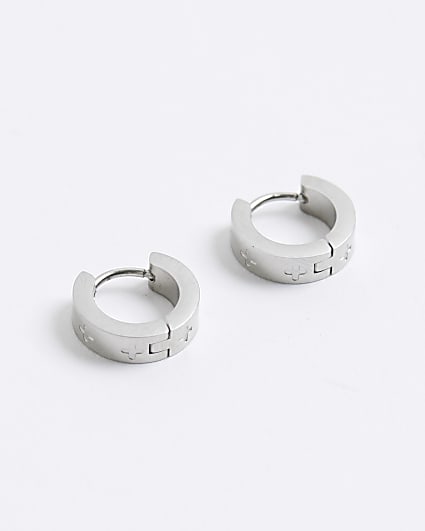 Silver Stainless Steel Cross Hoop Earrings