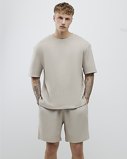 Beige Waffle T-Shirt And Shorts Set