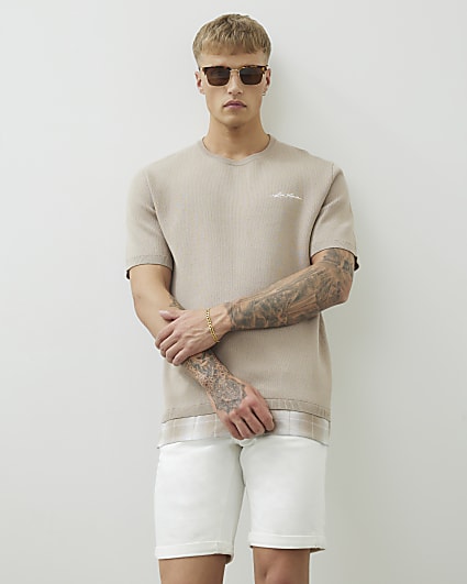 Beige Oversized Fit 2 In 1 Knitted T-Shirt