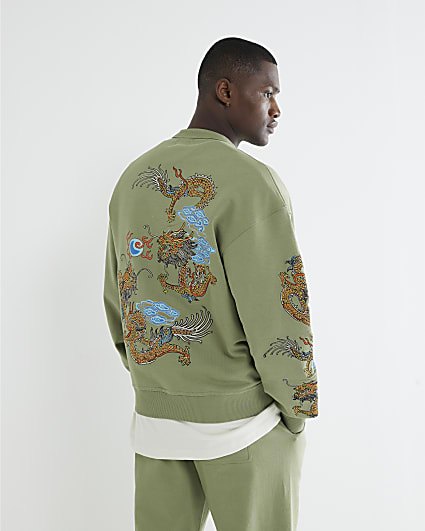 Khaki Embroidered Dragon Sweatshirt