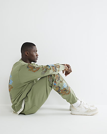 Khaki Embroidered Dragon Joggers