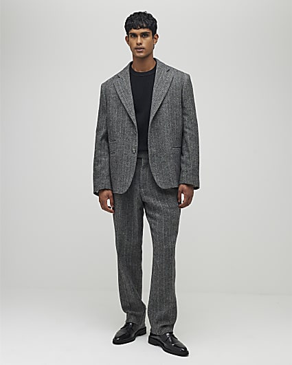 Grey Relaxed Fit Stiped Suit Trousers