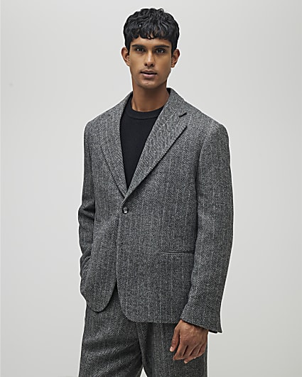 Grey Relaxed Fit Striped Suit Jacket