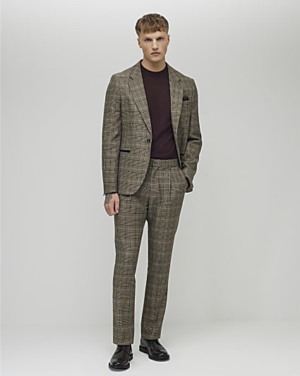 Brown Slim Fit Check Suit Trousers