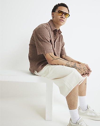 Brown Boxy Fit Crinkle Textured Shirt