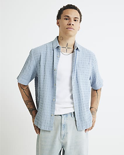Blue Boxy Fit Crinkle Textured Shirt