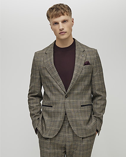 Brown Slim Fit Check Suit Jacket