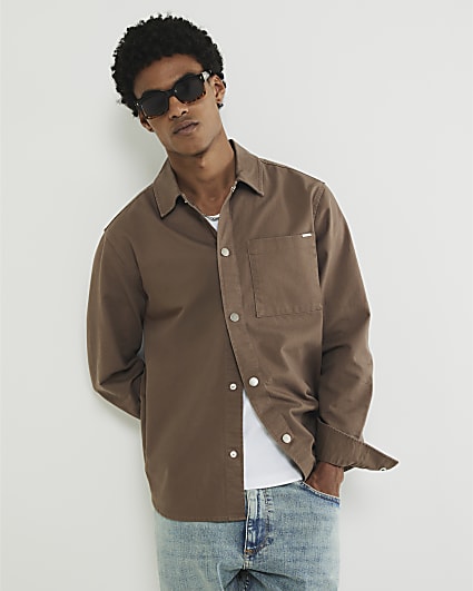 Brown Long Sleeve Curved Hem Dyed Shirt