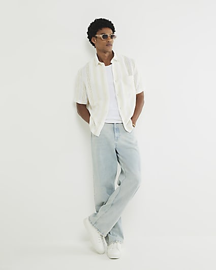 Cream Regular Fit Stripe Crochet Shirt