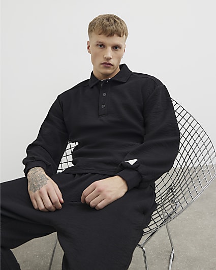 Black Oversized Fit Textured Polo Shirt