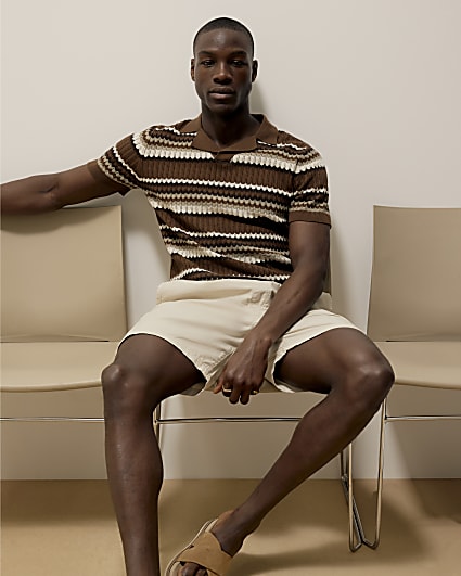 Brown Short Sleeve Stripe Revere Polo Shirt