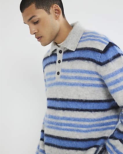 Blue Long Sleeve Brushed Stripe Polo Jumper