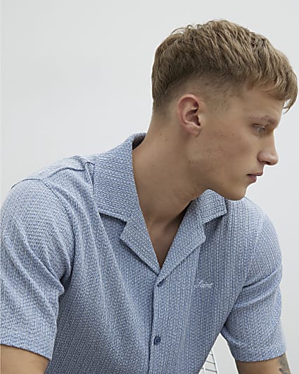 Blue Regular Fit Plisse Embroidered Shirt