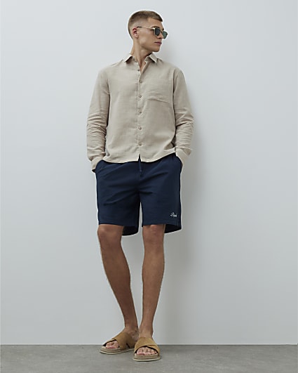 Navy Regular Fit Textured Drawstring Shorts