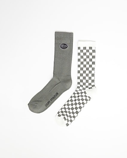 Khaki Pack of 2 Chequered Tube Socks