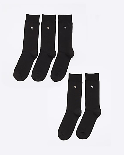 Black 5 Pack Metallic Embroidered RI Socks