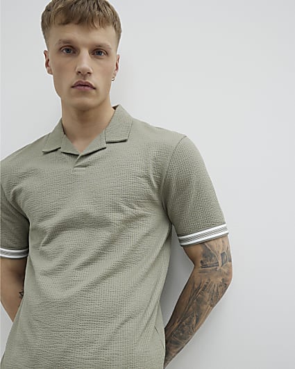 Khaki Slim Fit Open Neck Polo Shirt