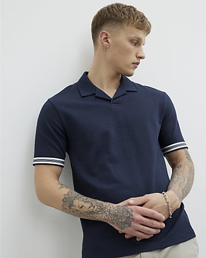 Navy Slim Fit Open Neck Polo Shirt