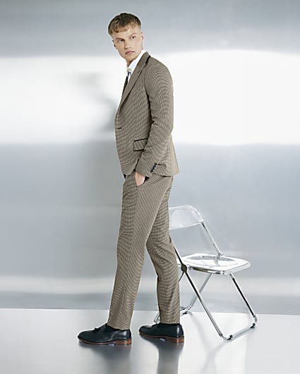 Stone Slim Fit Puppytooth Check Suit Trousers