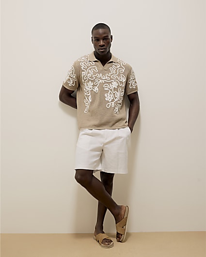 White Relaxed Fit Linen Blend Shorts