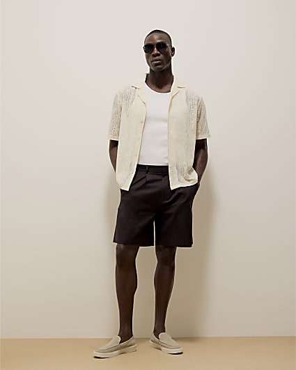 Brown Relaxed Fit Linen Blend Shorts