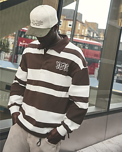 Brown Oversized Stripe Rugby Polo Sweatshirt
