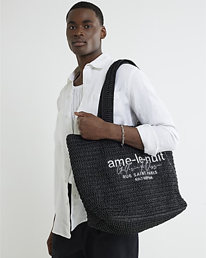 Black Le Nuit Raffia Embroidery Tote Bag