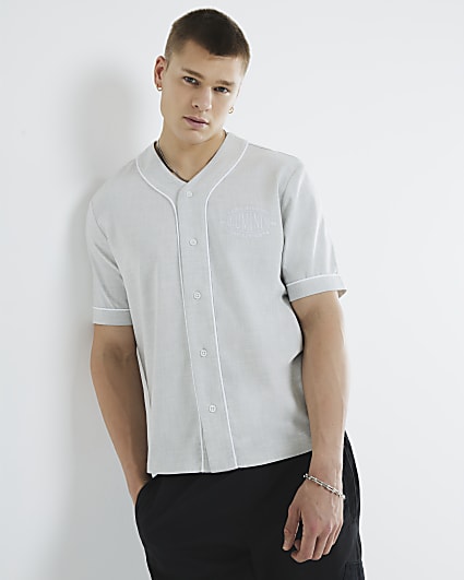 Grey Short Sleeve Piped Baseball Shirt