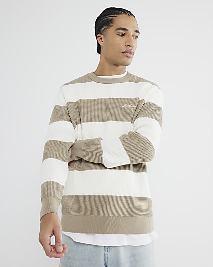 Beige Long Sleeve Waffle Knit Stripe Jumper