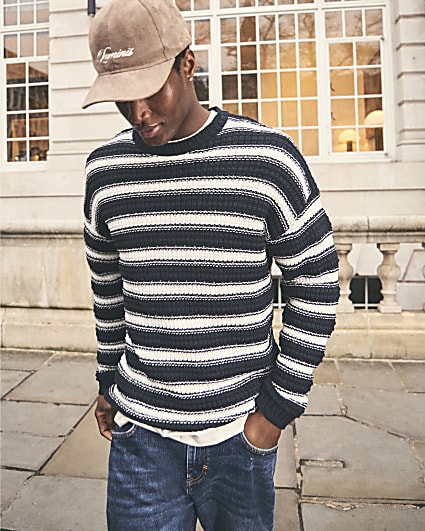 Navy Boxy Fit Textured Striped Jumper