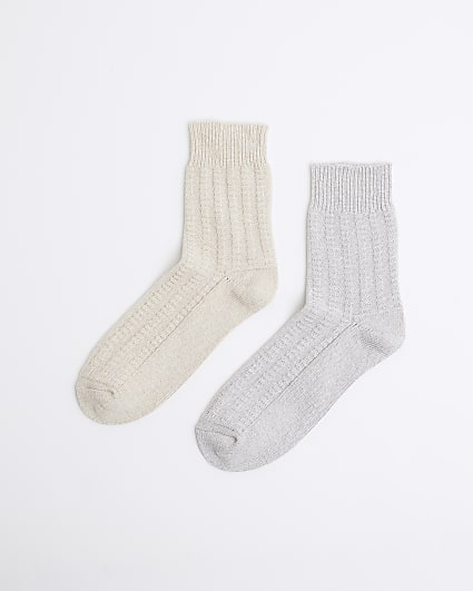 Beige 2 Pack Textured Boot Socks