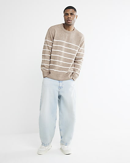 Beige Slim Fit Stripe Brushed Jumper