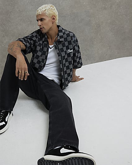 Black Denim Boxy Fit Checkerboard Shirt