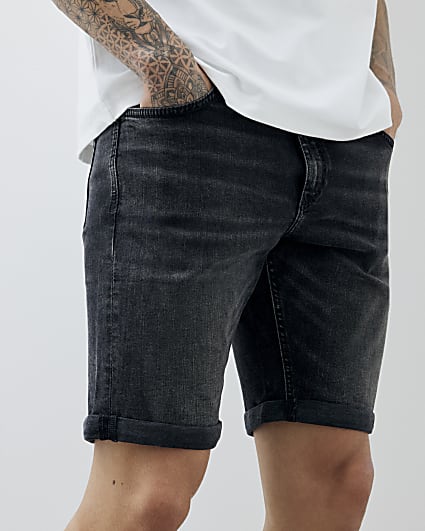 Black Slim Fit Washed Denim Shorts