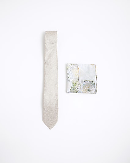 Beige Textured Floral Tie & Handkerchief Set