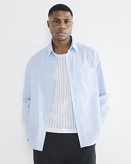 Blue Long Sleeved Striped Oxford Shirt