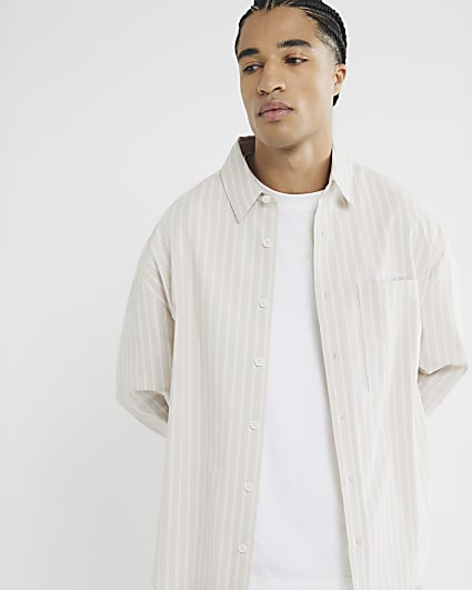 Beige Long Sleeved Striped Oxford Shirt