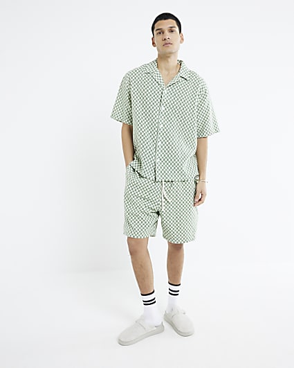 Green Boxy Fit Checkerboard Crochet Shirt