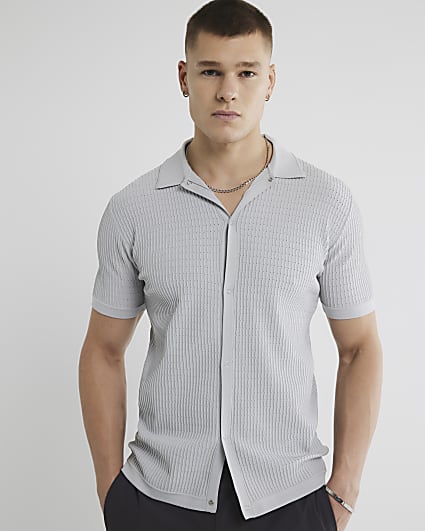 Grey muscle fit brick pointelle shirt