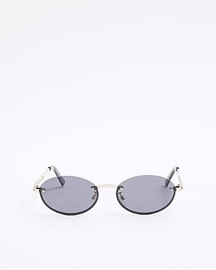 Black Rimless Metal Oval Sunglasses