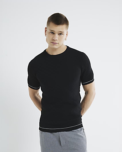 Black Muscle Fit Checkerboard T-Shirt