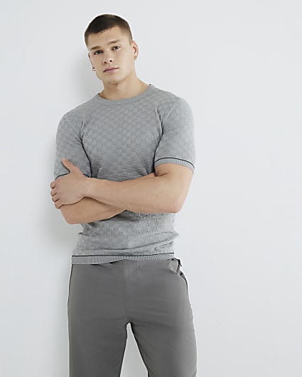 Grey Muscle Fit Checkerboard T-Shirt