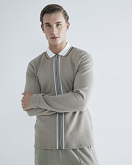 Beige Slim Fit Tipped Zip Through Polo Shirt